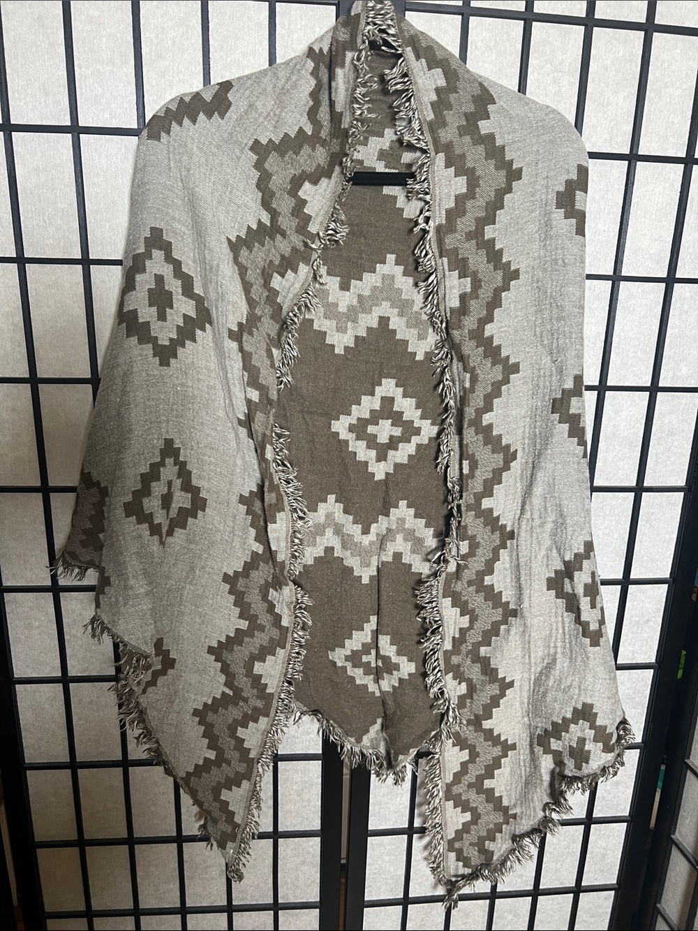 Aztec Pattern Fringe Reversible Wrap in Taupe and Cream